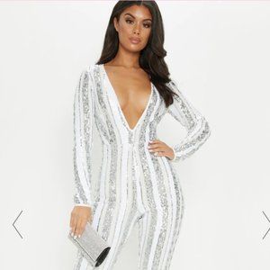 Silver Sequin Stripe Mesh Long Sleeve Jumpsuit